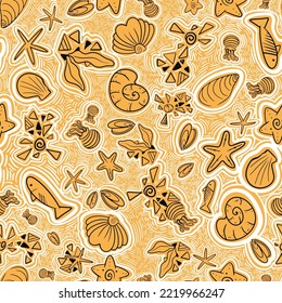 Abstract hand drawn doodle style ocean marine animal figure, fish, coral, shell, sea, jellyfish illustration seamless pattern designed for swimswear, suitable for print on fabric,fashion shorts