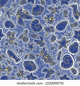 Resumen estilo doodle dibujado a mano figura marina oceánica animal, peces, coral, concha, mar, medusas, ilustración de medusas sin fisuras diseñada para ropa de baño, adecuada para impresión en tela, pantalones cortos de moda