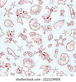 Abstract hand drawn doodle style ocean marine animal figure, fish, coral, shell, sea, jellyfish illustration seamless pattern designed for swimswear, suitable for print on fabric,fashion shorts