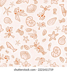 Resumen estilo doodle dibujado a mano figura marina oceánica animal, peces, coral, concha, mar, medusas, ilustración de medusas sin fisuras diseñada para ropa de baño, adecuada para impresión en tela, pantalones cortos de moda