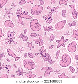 Abstract hand drawn doodle style ocean marine animal figure, fish, coral, shell, sea, jellyfish illustration seamless pattern designed for swimswear, suitable for print on fabric,fashion shorts