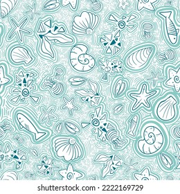 Abstract hand drawn doodle style ocean marine animal figure, fish, coral, shell, sea, jellyfish illustration seamless pattern designed for swimswear, suitable for print on fabric,fashion shorts