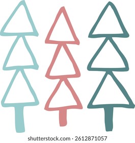 Abstract Hand Drawn Doodle Style Trees in Pastel Shades of Teal, Pink, and Green, Perfect for kids or nursery prints, greeting cards, fabric patterns, minimalist artwork.