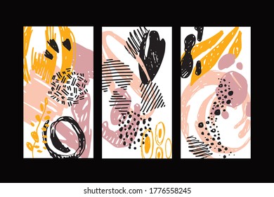 Abstract hand drawn doodle template design elements. Abstract splash banner set. Pattern background art.