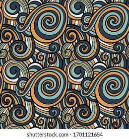 Abstract hand drawn doodle thin line wavy seamless pattern. Curly linear sky or sea messy background. Vector illustration. 