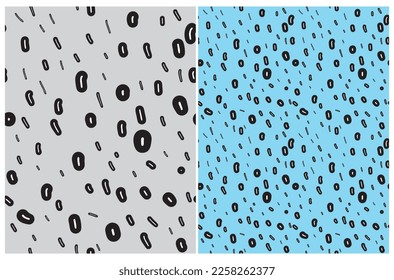 Patrones de vectores de Doodle dibujados a mano abstractos. Puntos y puntos blancos y negros sobre fondo gris y azul claro. Patrón geométrico moderno sin soldadura. Impresión irregular a mano alzada ideal para el tejido.