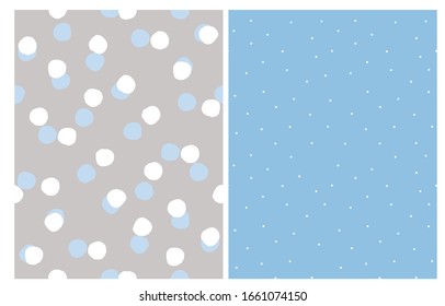 Abstract Hand Drawn Dotted Seamless Vector Patterns. White and Blue Dots Isolated on a Light Gray Background. White Tiny Dots on a Light Blue Layout. Simple Geometric Irrgeular Vector Prints.