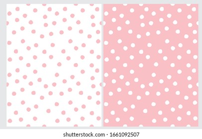 Abstract Hand Drawn Dotted Seamless Vector Patterns. WhiteDots Isolated on a Light Pink Background. Pink Polka Dots on a White Layout. Simple Geometric Irrgeular Vector Prints.