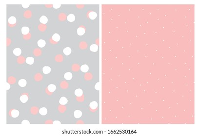 Abstract Hand Drawn Dotted Seamless Vector Patterns. White and Pink Dots Isolated on a Light Gray Background. White Tiny Dots on a Blush Pink Layout. Simple Geometric Irrgeular Vector Prints.