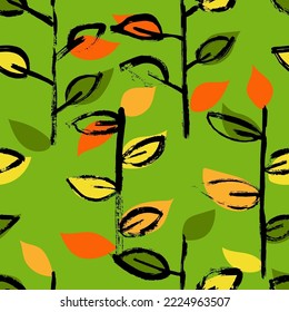 Abstract Hand Drawn Dry Brush Vector Seamless Leaves Pattern