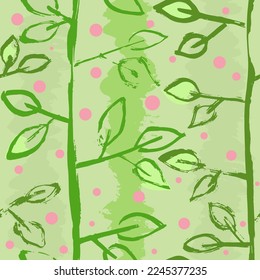 Abstract Hand Drawn Dry Brush Vector Seamless Leaves Pattern