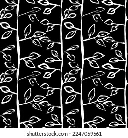 Abstract Hand Drawn Dry Brush Vector Seamless Leaves Pattern