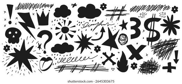 Abstract hand drawn elements punk graffiti doodles and swirls of different shapes, Smileys crown stars arrows and various symbols drawn with chalk or pencil, Vector elements isolate.