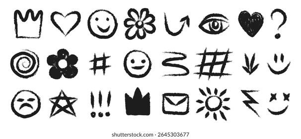 Abstract hand drawn elements punk graffiti doodles and swirls of different shapes, Smileys crown stars arrows and various symbols drawn with chalk or pencil, Vector elements isolate.
