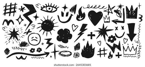 Abstract hand drawn elements punk graffiti doodles and swirls of different shapes, Smileys crown stars arrows and various symbols drawn with chalk or pencil, Vector elements isolate.