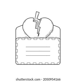 Sobre Dibujado A Mano Abstracto Con Corazón Roto Por El Rayo Concepto De Doodle Estilo De Esquema De Diseño En Fondo Blanco Letra Aislada, Mensaje, Correo, Tarjetas, Carteles, Carteles