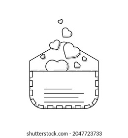 Abstract Hand Drawn Envelope With Hearts Doodle Concept Vector Design Outline Style On White Background Isolated Letter, Message, Mail, Cards, Posters