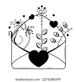 Abstract Hand Drawn Envelope With Hearts And Plants Doodle 14 February Holiday Concept Vector Design Outline Style On White Background Isolated Letter, Message, Mail, Cards, Posters