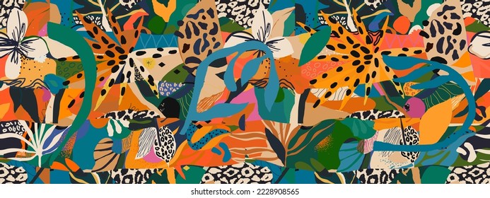 Abstract hand drawn exotic print. Modern collage with different shapes and textures. Creative template for design. Groovy African style pattern.