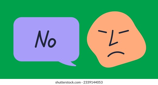 Abstract hand drawn face with angry expression and emotion. Speech bubble with word No. Colorful vector sticker