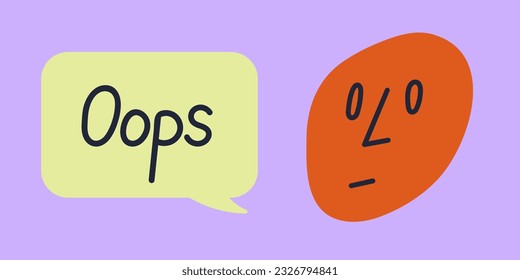 Abstract hand drawn face with stunned expression and emotion. Speech bubble with word Oops. Colorful vector sticker