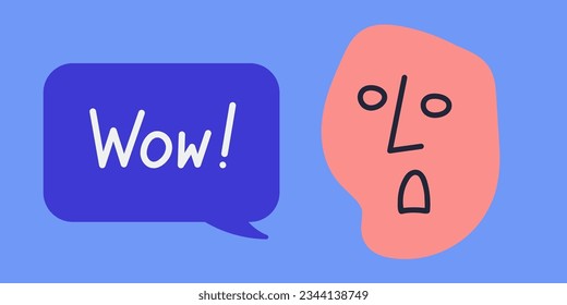 Abstract hand drawn face with surprised expression and emotion. Speech bubble with word Wow. Colorful vector sticker
