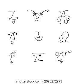 abstract hand drawn   Faces . Crayon drawing style. Different  characters. Hand drawn trendy Vector illustration.