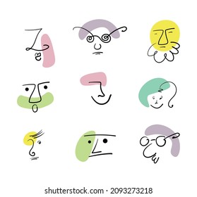 abstract hand drawn   Faces . Crayon drawing style. Different  characters. Hand drawn trendy Vector illustration.