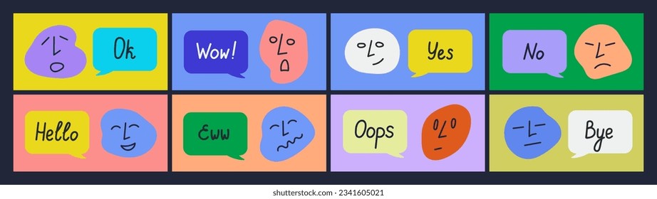 Abstract hand drawn faces with different expressions and emotions sticker pack. Colorful modern set of vector emoji illustrations with speech bubbles