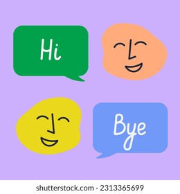 Abstract hand drawn faces with smiling expression and emotion. Speech bubble with words Hi and Bye. Chat phrases, communication. Colorful vector sticker