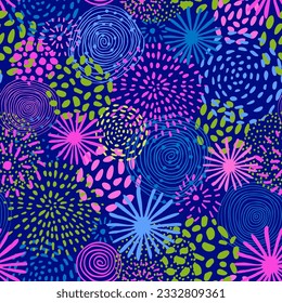 Resumen de fuegos artificiales dibujados a mano sin fisuras. Fondo festivo con confeti circular, fuegos artificiales. Ilustración de celebración divertida para el ganador, afiche de victoria, pancarta, tapicería de carnaval, textiles, tela