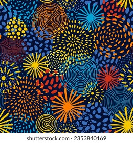 Abstraktes, handgezeichnetes Feuerwerk, nahtloses Muster. Festlicher Hintergrund mit Kreiskonfetti, Feuerwerk. Fun-Feier-Illustration für den Gewinner, Siegesposter, Banner, Karnevalsmuscheln, Textilien, Stoff