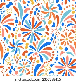 Abstract hand drawn fireworks seamless pattern. Festive background with circle confetti, firework. Fun celebration illustration for winner, victory poster, banner, carnival wallpaper, textile, fabric