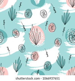 Abstract Hand Drawn Floral doodle seamless pattern. Freehand flowers and leaves on grunge brush texture. Artistic unusual pastel print. Art background for textile, wrapping, wallpaper, invitation,