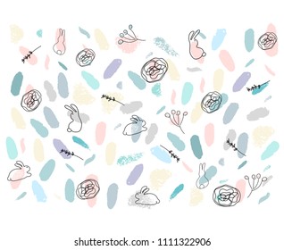 Abstract Hand Drawn Floral doodle  pattern. Freehand flowers and leaves on grunge brush texture. Artistic unusual pastel print. Art background for textile, wrapping, wallpaper, invitation,