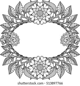 An abstract hand drawn floral frame. Black and white. Coloring book.
