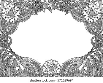 An abstract hand drawn floral frame. Black and white. Coloring book.