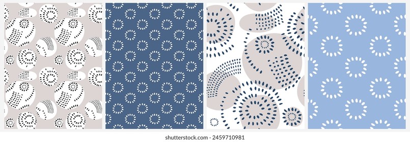 Abstract Hand Drawn Floral and Geometric Seamless Vector Patterns. Irregular Print with White Abstract Daisy Flowers on a Navy Blue and Light Baby Blue Background. Modern Abstract Garden Print. 