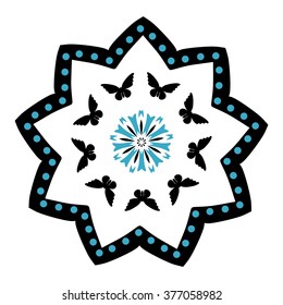 Abstract hand drawn floral motif with butterflies on white background