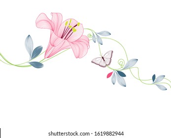 Abstract  hand drawn floral pattern with lily flowers and butterfly. Vector illustration. Element for design.
