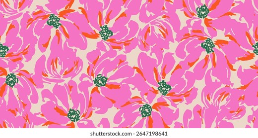 Abstract hand drawn floral pattern, seamless patterns with flowers for fabric, textiles, clothing, printing, packaging, covers, banners, wallpaper, interior decor and backgrounds.