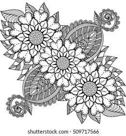 An abstract hand drawn floral pattern. Black and white. Coloring book.