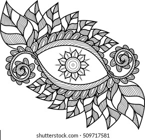 An abstract hand drawn floral pattern. Black and white. Coloring book.