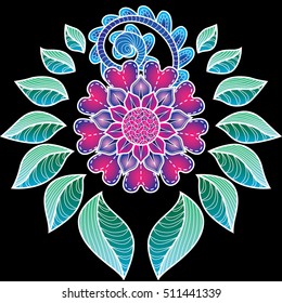 An abstract hand drawn floral pattern. Isolated on black