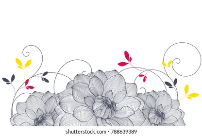 Abstract  hand drawn floral pattern with dahlias flowers.