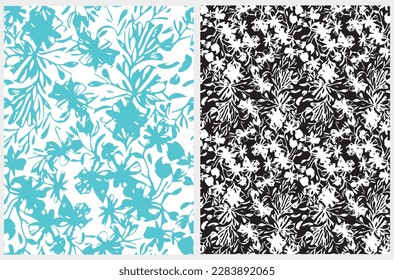 Abstract Hand Drawn Floral Seamless Vector Pattern. Irregular Blue and White Flowers on a White and Black Background. Modern Abstract Garden Print. Floral Repeatable Print ideal for Fabric.