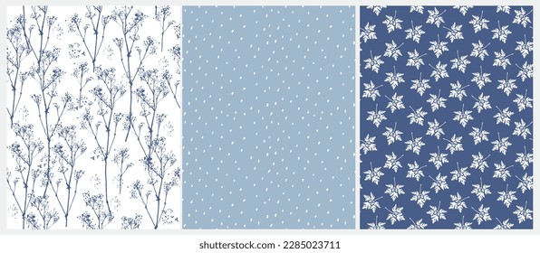 Abstract Hand Drawn Floral Seamless Vector Pattern. Sketched Flowers and Leaves on a White and Dark Blue Background. Abstract Garden Design. Floral Repeatable Print and Simple Dotted Pattern.