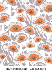 Abstract Hand Drawn Floral Seamless Vector Pattern. Field of Orange Poppies Isolated on a White Background. Abstract Blossom Garden Design. Floral Repeatable Print ideal for Fabric, Textile.