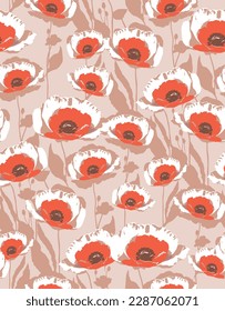 Abstract Hand Drawn Floral Seamless Vector Pattern. Field of Red Poppies Isolated on a Light Blush Brown Background. Abstract Blossom Garden Design. Floral Repeatable Print ideal for Fabric, Textile.