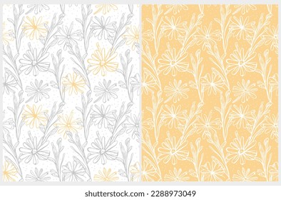 Abstract Hand Drawn Floral Seamless Vector Pattern. Sketched Flowers Isolated on a White and Yellow Background. Abstract Blossom Garden Design. Floral Repeatable Print ideal for Fabric, Textile.